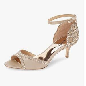 XYD Champagne Peep Toe D'Orsay Kitten Heel Rhinestone Studs Ankle Strap Sandals